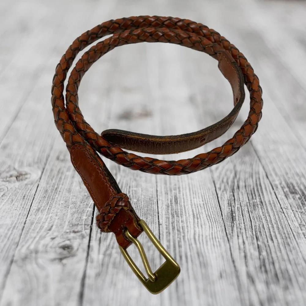 Vintage Fossil Brown Braided Skinny Belt Women Sz L Western Southwestern Cowgirl